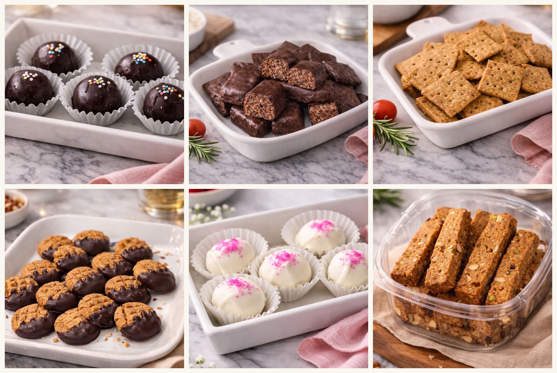 Amora Bakes cookies, crisps, bites and sticks on a linen cloth