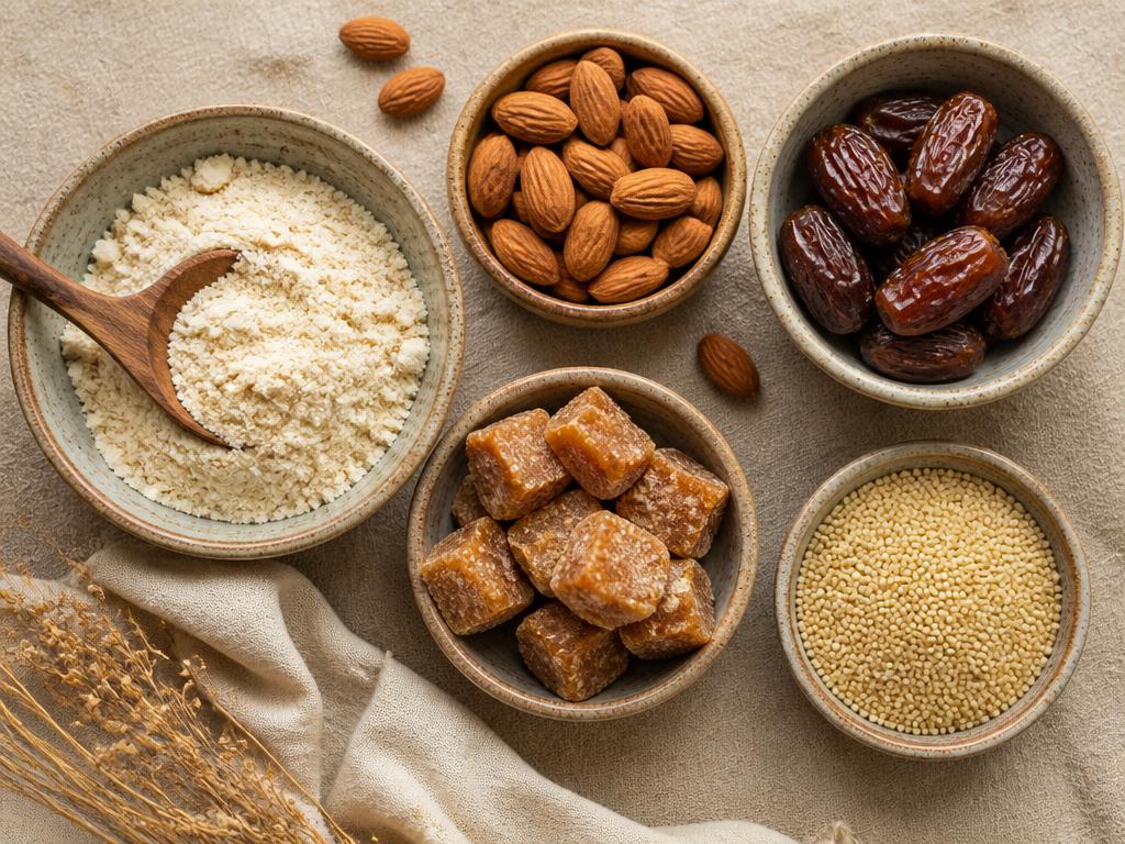 Almond flour, almonds, dates, jaggery and millets in ceramic bowls